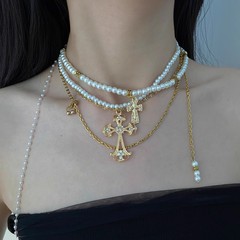 ハイエンドのレトロなメタルパールダブルクロスダイヤモンドネックレスレディースタッセルチェーンクリスタル鎖骨チェーンバロックトレンド