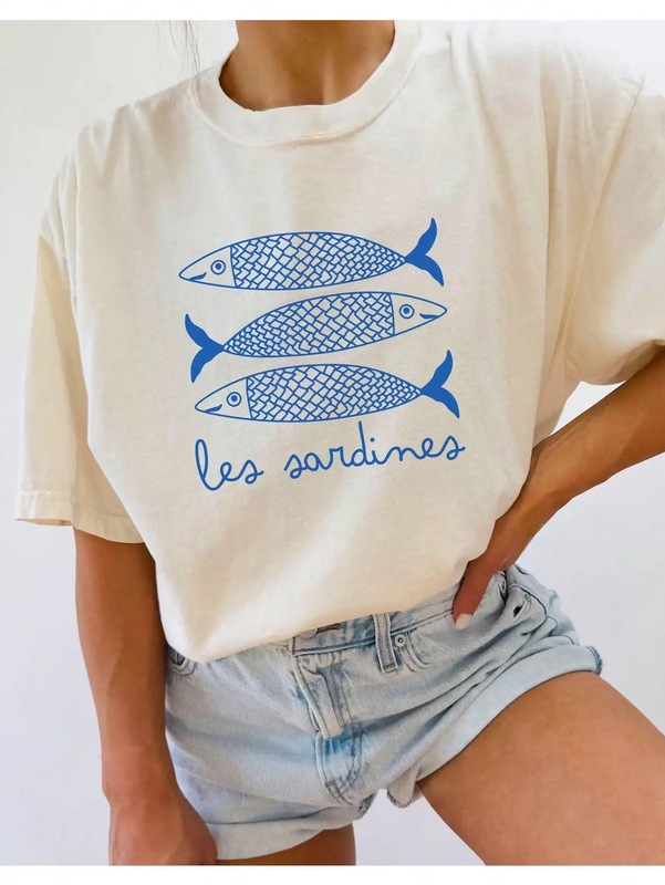 INAWLY イワシプリント レディース Tシャツ 缶詰魚 カジュアルシャツ|undefined