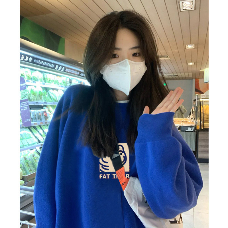 克莱因蓝圆领卫衣女春秋季新款套头设计感小众小个子宽松炸街上衣|undefined