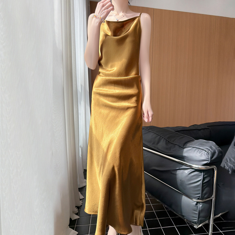 2026 Summer New Style Gilded Satin Draped Collar Spaghetti Strap Dress for Women, French Retro Style, Waist-Cinching, Slimming Mid-Length Dress, Trendy 2026 Summer New Style Gilded Satin Draped Collar Spaghetti Strap Dress for Women, French Retro Style, Waist-Cinching, Slimming Mid-Length Dress, Trendy