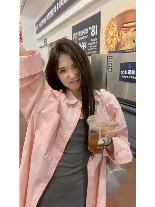 纯棉粉色长袖衬衫女春秋季薄款宽松显瘦百搭休闲防晒外套开衫衬衣|undefined