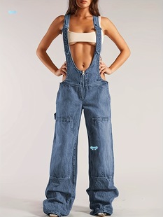 Women's Sexy Denim Romper Cotton Wide Leg Jumpsuit Cross-Border