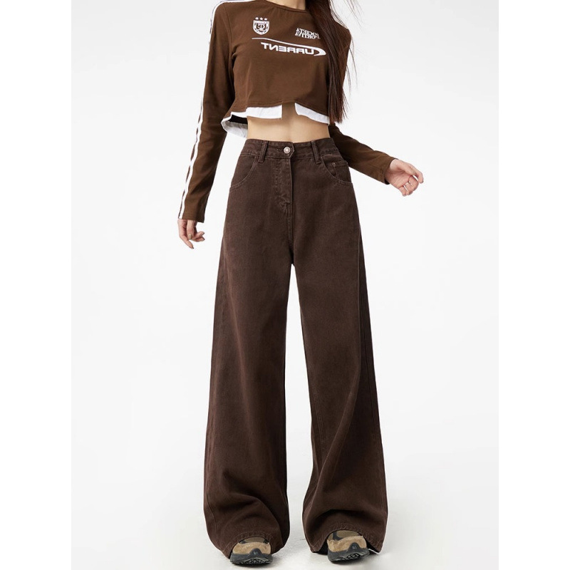 brown Wide Leg Jeans Women's 2025 Spring and Autumn New High Waist Maillard Loose Straight Tube Dipped Trendy Pants