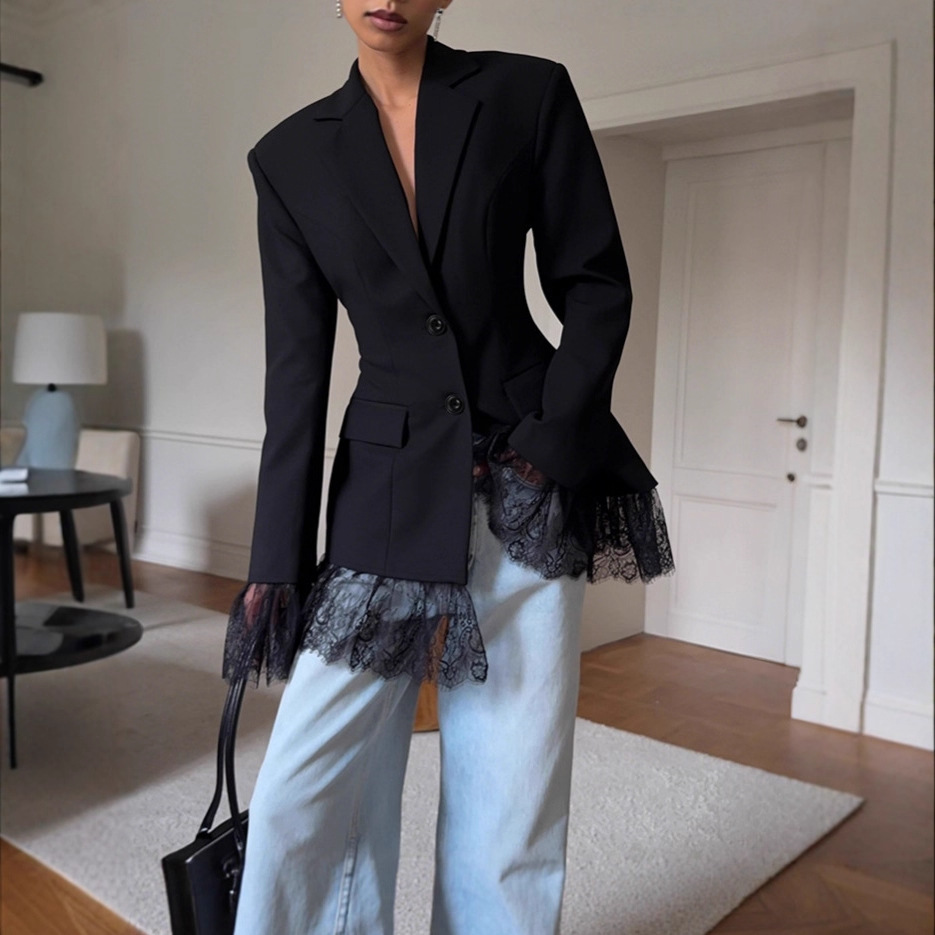 Black Small Suit Jacket 2025 Autumn and Winter New Design Lace Splicing European and American Commuter Women's Long-Sleeved Tops