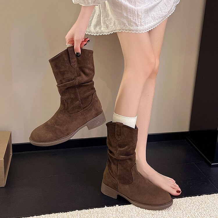 低跟单靴堆堆靴子女2025新款秋季美拉德西部牛仔靴短靴中筒马丁靴|undefined