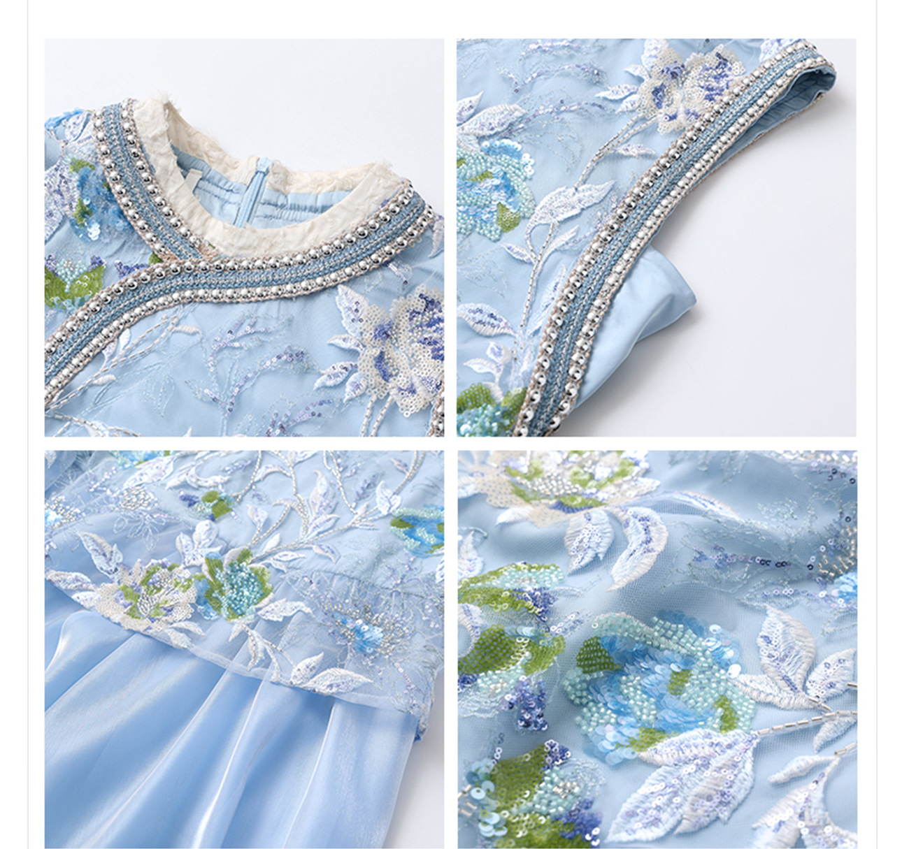 Váy sườn xám maxi thêu sequin phong cách Trung Quốc mới mùa hè N5042 — hồng, Xanh lam sông băng chi tiết 34