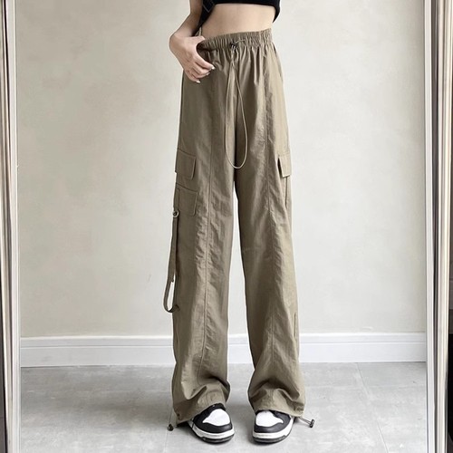 Vintage Rocker Straight Leg Work Pants for Women Summer High-Waisted Pocket Floor-Length Drawstring Ankle Pants