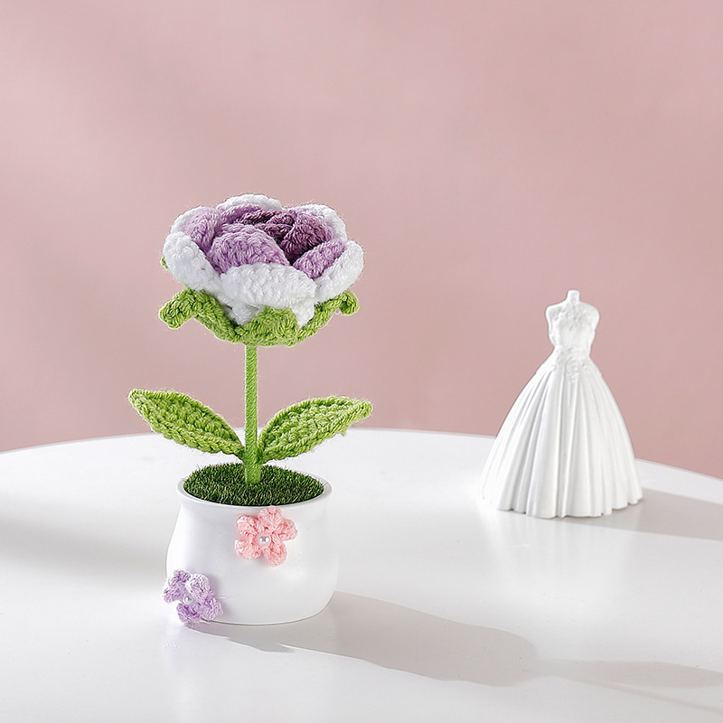 Terminado pequeña olla tejida a mano girasol lirio escritorio coche pequeña decoración regalo de cumpleaños regalo de graduación