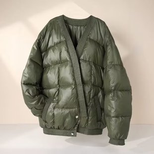 Women's Clothing European 2024 Winter New Vintage Designer Loose V-neck Quilted Green All-match Bread Cotton-padded Coat