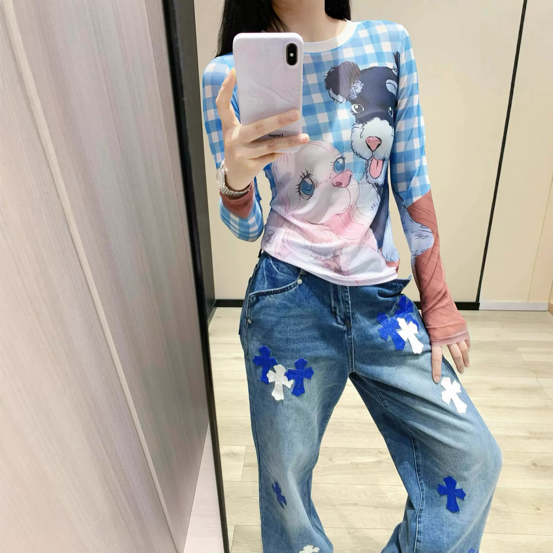 正确版CH克罗伈十字架皮标水洗牛仔裤情侣街头宽松春秋直筒长裤女