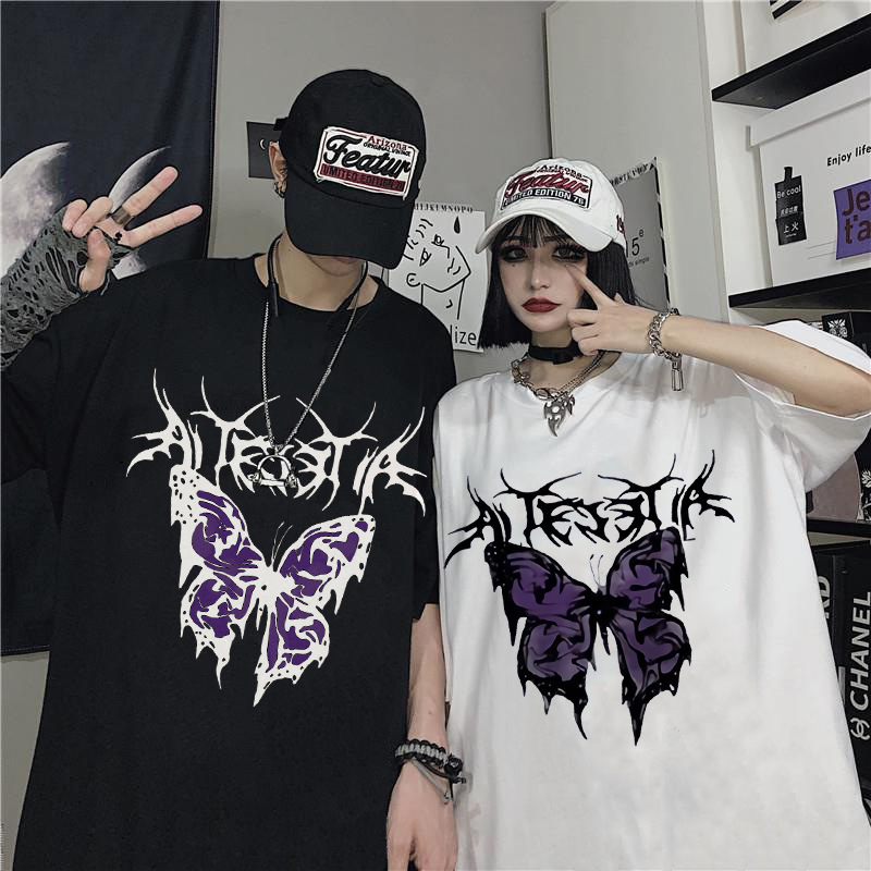 Cross-Border Dark Couple Wear 2025 Summer New Trendy Ins Butterfly Print Student Short-Sleeved Loose T-Shirt for Men and Women Cross-Border Dark Couple Wear 2025 Summer New Trendy Ins Butterfly Print Student Short-Sleeved Loose T-Shirt for Men and Women