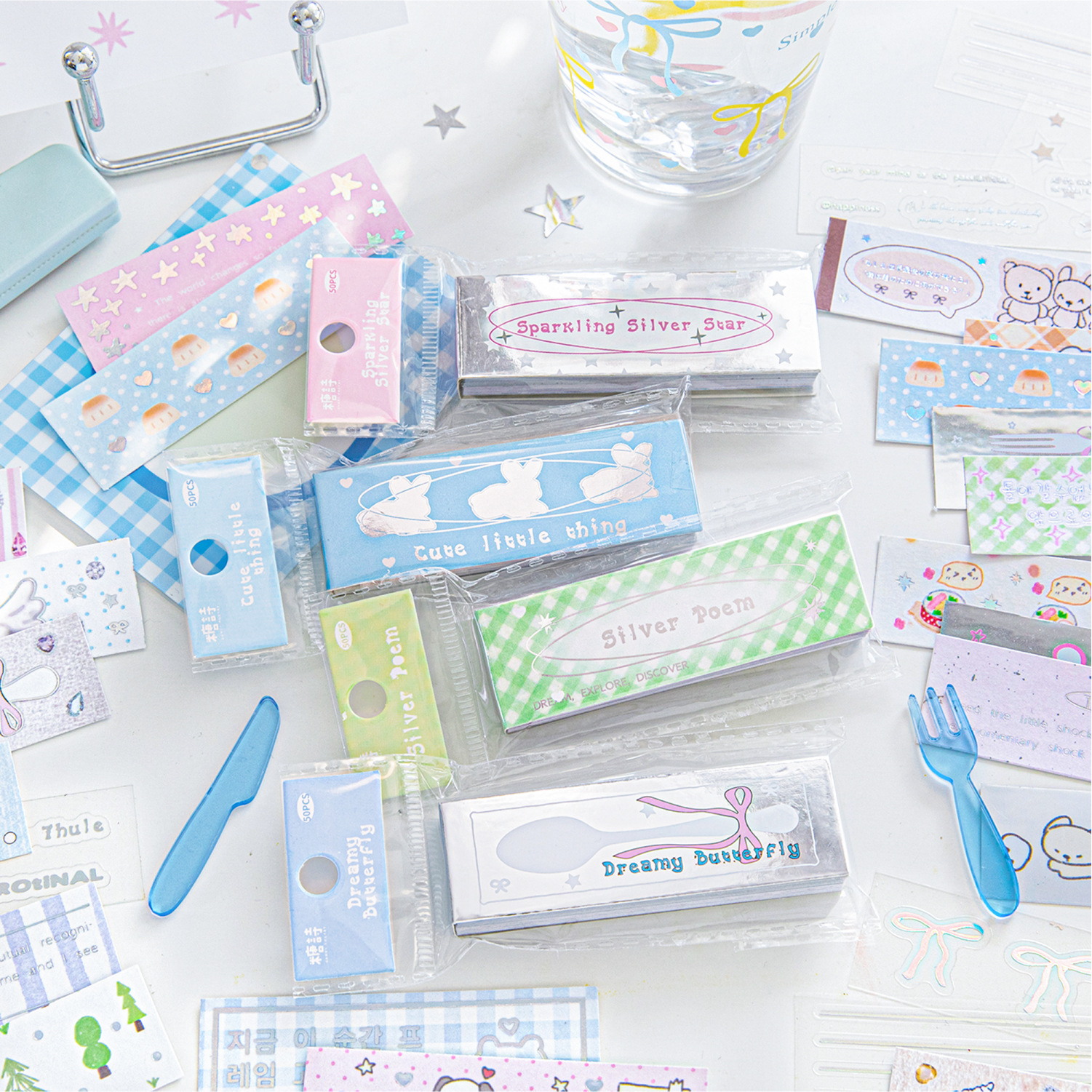 Sugar Poetry Material mixto Pegatinas plateadas en caliente Serie de confesiones plateadas Cute Korean Handscart Diy Pegatinas largas