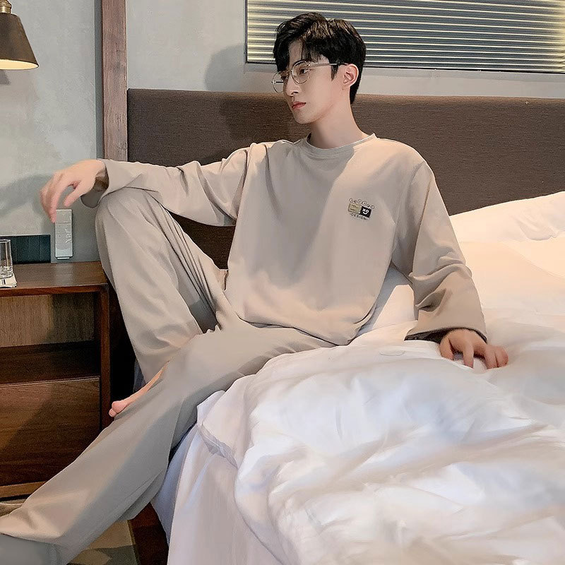 Pajamas Men's Spring and Autumn Men's Pure Cotton Long Sleeve Teenager Simple Style Outfit Handsome plus size Home Clothes suit
