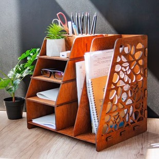 Factory Customized Wooden Desk Storage Box with Pen Holder Desktop File Rack Office File Storage Cross-Border