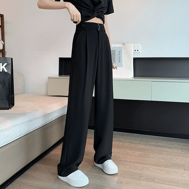 Черный костюм брюки женские весенне-осенние маленькие человечки 2025 новый стиль с высокой талией и вертикальной прямой шнуром