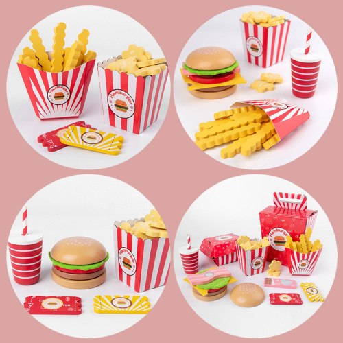 Children's wooden hamburger fries family bucket set combination simulated kitchen play house food gift toys