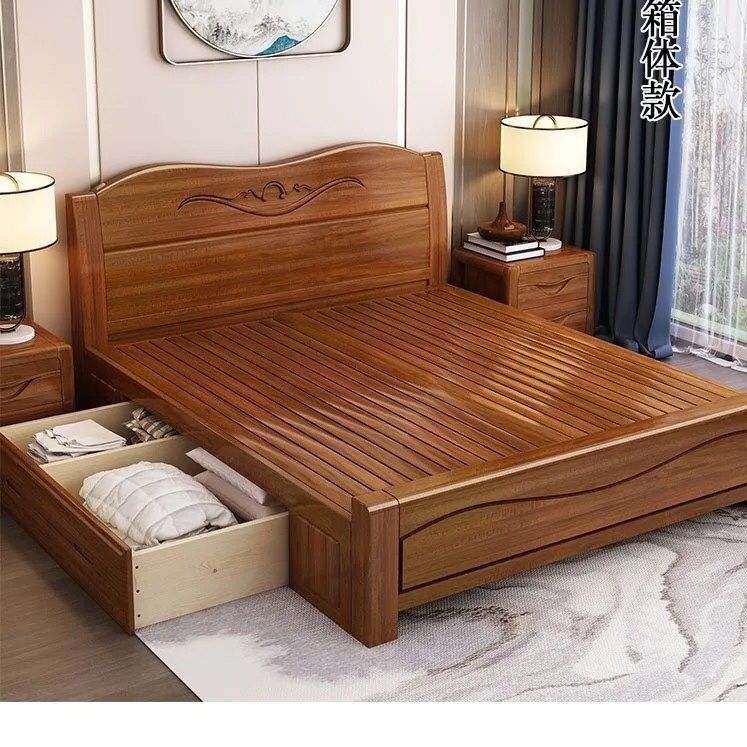 Guangdong Foshan Imported Golden Walnut Solid Wood Bed 1.5m Home Use Double Bed 1.8m Master Bedroom Factory Direct Sale