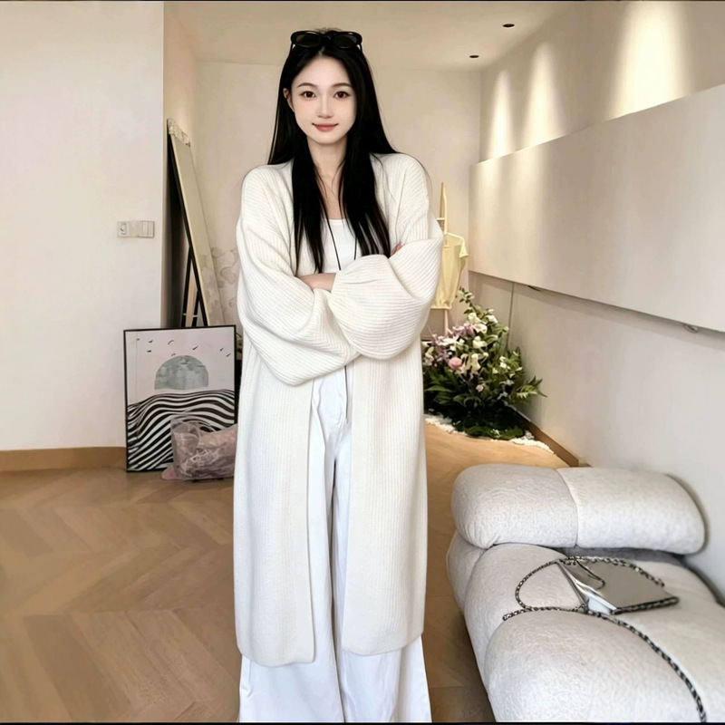 Simple high-weight long knitted cardigan for women, 2026 autumn and winter, loose and casual style sweater coat