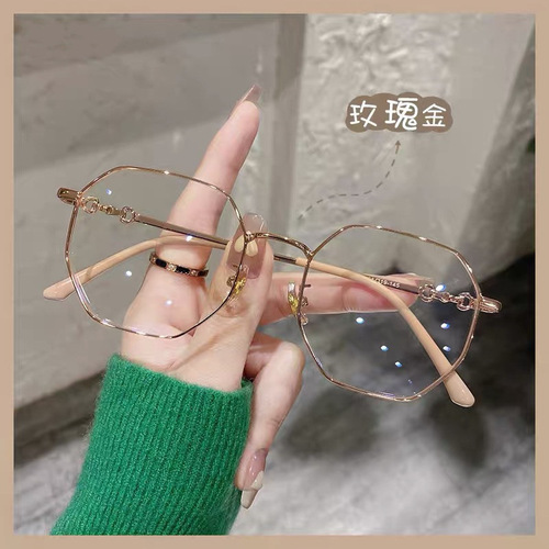 Anti-blue light women's plain glasses, eye protection gold wire eyeglass frames, face-slimming polygonal glasses for internet celebrities