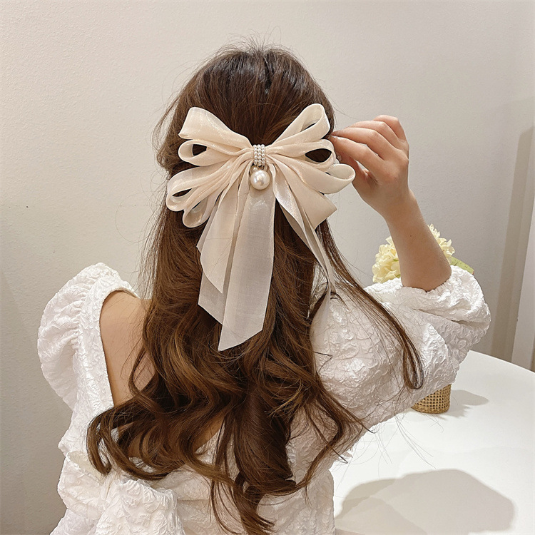 Organza Material Sweet Bow Knot Cloth Organza Inlay Artificial Pearls Hair Clip 1 Piece
