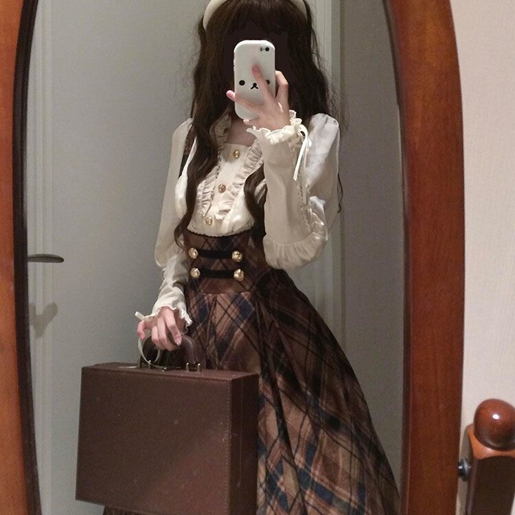 2026 Spring/Winter Classic Brown Plaid Cut-Off Waist Suspender Dress + Lace Cuff Shirt Lolita Two-Piece Set