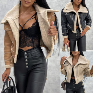 Foreign Trade Autumn and Winter Lamb Wool Outwear New Short Outwear Zipper Motorcycle Style Jacket Top Women Su3120