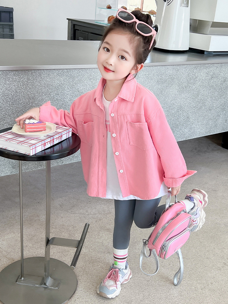 Camisas de niñas primavera y otoño 2024 nuevas niñas bebés de otoño mangas largas vestidos de otoño para niños chaqueta de camisa rosa