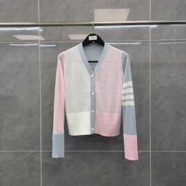 潮流TB夏季款奶油芝士减龄拼色清新色系V领四扣针织羊毛开衫百搭