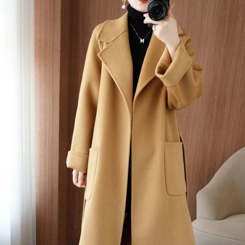100%纯羊毛双面呢羊绒大衣女冬中长款宽松时尚加厚女士羊毛呢外套|undefined