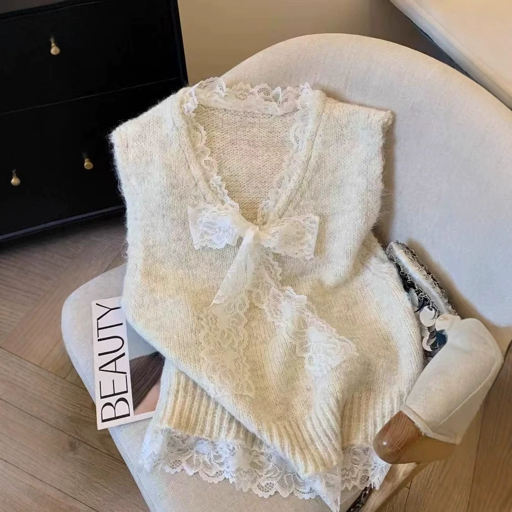 2025 весна и осень сладкий ветер кружевной бантик носить трикотажный жилет женский без рукавов с V-образным вырезом