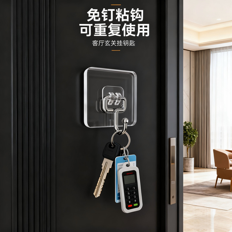 Hook with Strong Adhesive, No-Drill, Heavy-Duty Kitchen Wall Sticker for Heavy Objects, Traceless Stainless Steel Transparent Adhesive Hook