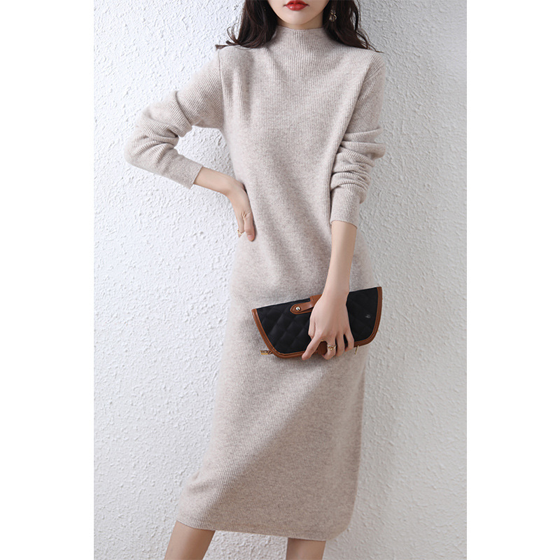 Falda larga de estilo elegante para ir al trabajo, otoño e invierno 2025, vestido de punto de color puro con cuello medio de punto, intelectual y suave. image 4