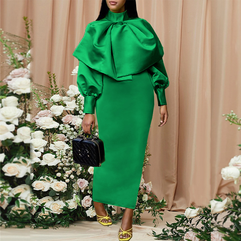 Stand Collar bow puff sleeve high waist party banquet dress women's clothing dress Christmas dress