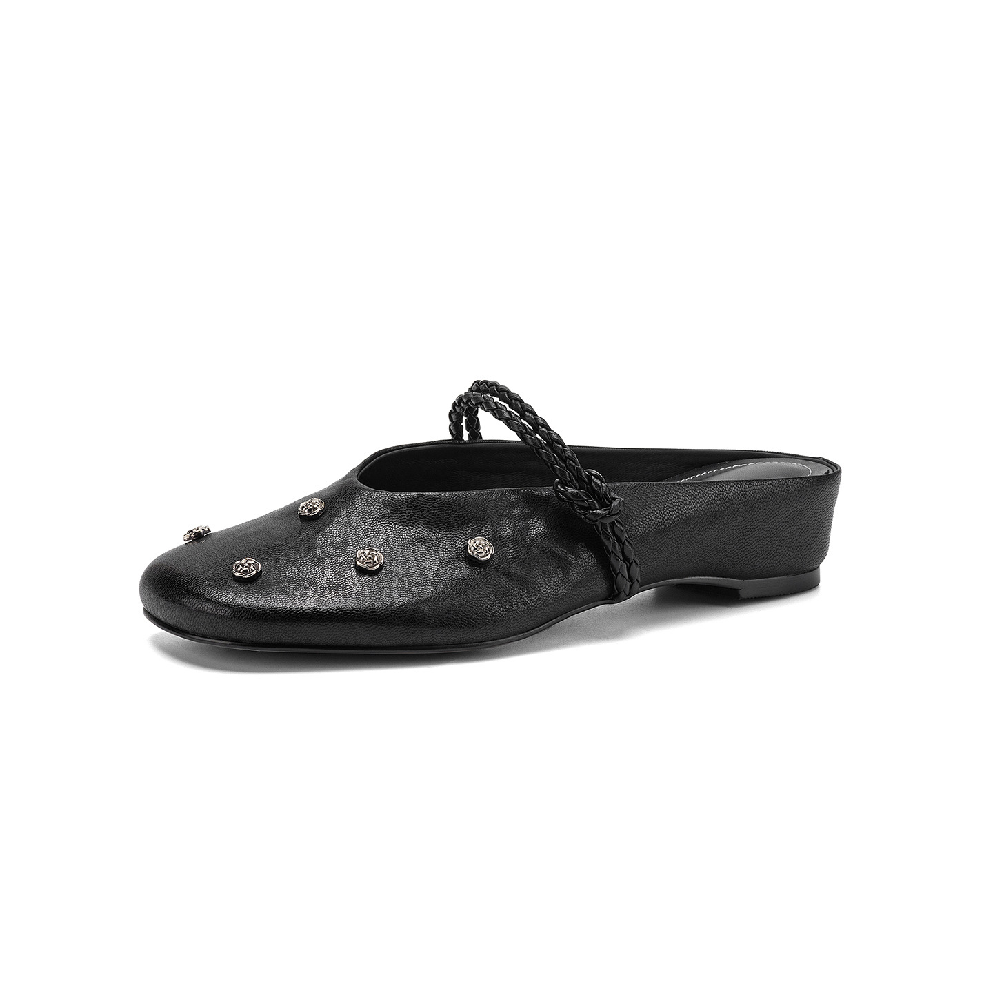 Sandal nữ mũi bít da dê quai ngang gót thấp — đen chi tiết 25