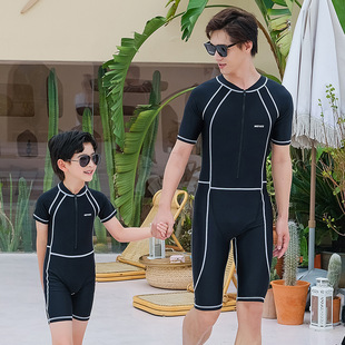 Parent-child swimsuit father-son male middle and big children half sleeve one-piece five-point boxer hot spring zipper quick-drying sun protection plus size swimsuit
