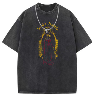Washed Old American Style High Street Printed Short-sleeved T-shirt Women's Loose Casual Men's and Women's National Fashion Customization