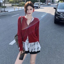氛围感红色毛衣外套女早春小个子针织开衫上衣内搭蕾丝打底两件套