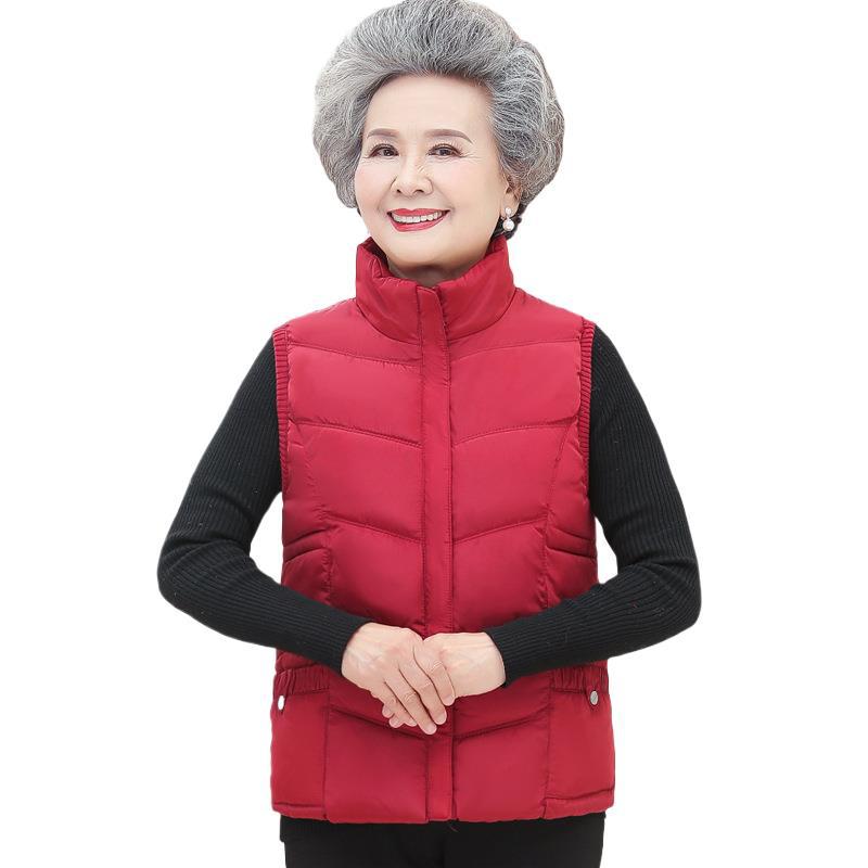 Winter cotton-padded thick warm vest for middle-aged and elderly women, solid color vest with pocket design for grandmothers.