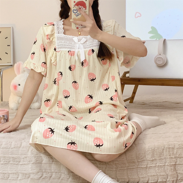 Comercio exterior 2023 camisón de encaje de verano de las mujeres de manga corta de una sola pieza vestido pijamas lindo estudiante Delgado homewear al por mayor