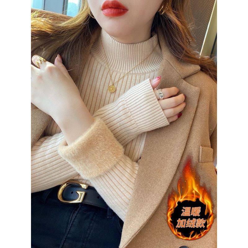 Khaki turtleneck winter sweater for women, slim-fit knit top, thick fleece-lined mid-neck base layer.