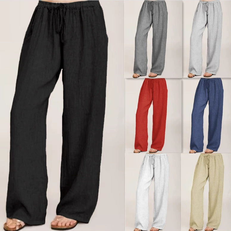 Amazon eBay2024 новые трансграничные женские хлопчатобумажные льняные сплошной цвет эластической талии с ремешками широкие брюки брюки повседневные брюки