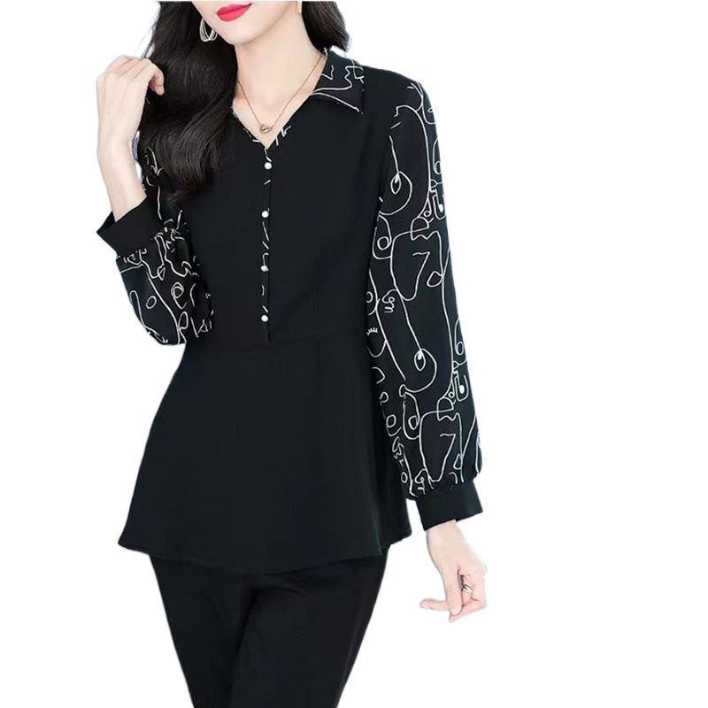 봄과 가을 새 꽃 접합 긴 소매 셔츠 200 진 플러스 사이즈 여성 통통녀 기질 V-NECK 배꼽 덮음 쉬폰 셔츠
