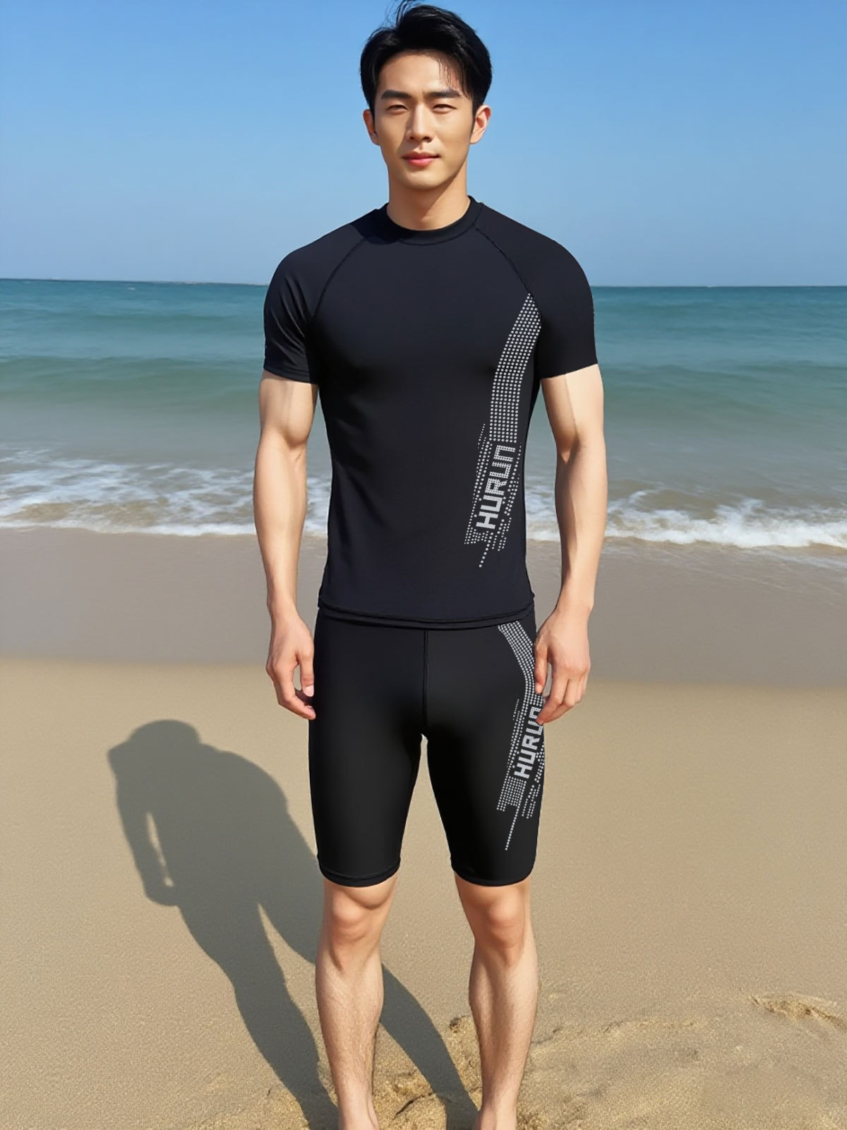 Traje de baño, traje de hombre, natación para adultos, traje de baño estampado de manga corta, traje de baño largo nuevo dividido para hombres, tamaño grande para adolescentes