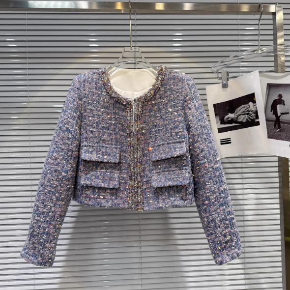 2025 New Winter Style Small Fragrant Colorfulful Rhinestone Beaded Edge Thick Tweed Quilted Short Jacket Top