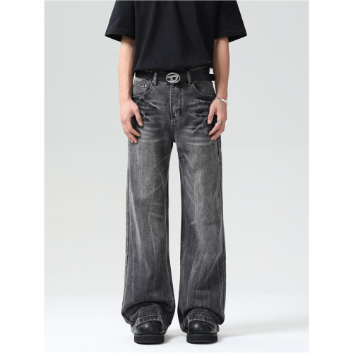 Vintage lightning crack black and gray men's straight-leg slim-fit trousers with American street style vibe