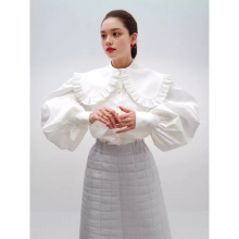欧美时尚甜美白色娃娃领衬衫设计感宽松女士纯棉开衫长袖上衣