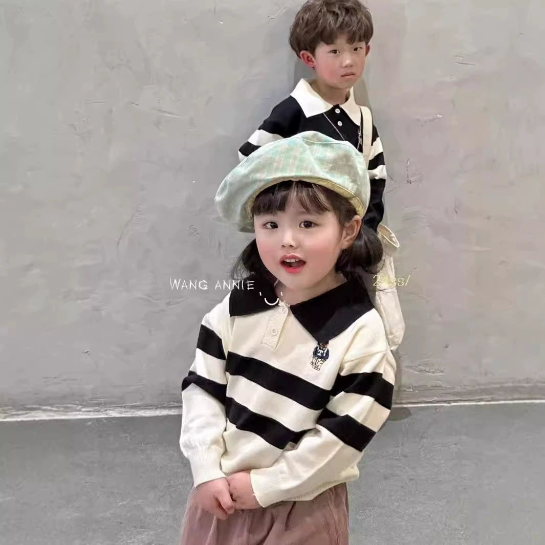 Осенний и зимний новый свитер с отворотом 2024 новый корейский детский мультяшный свитер с вышивкой 2308