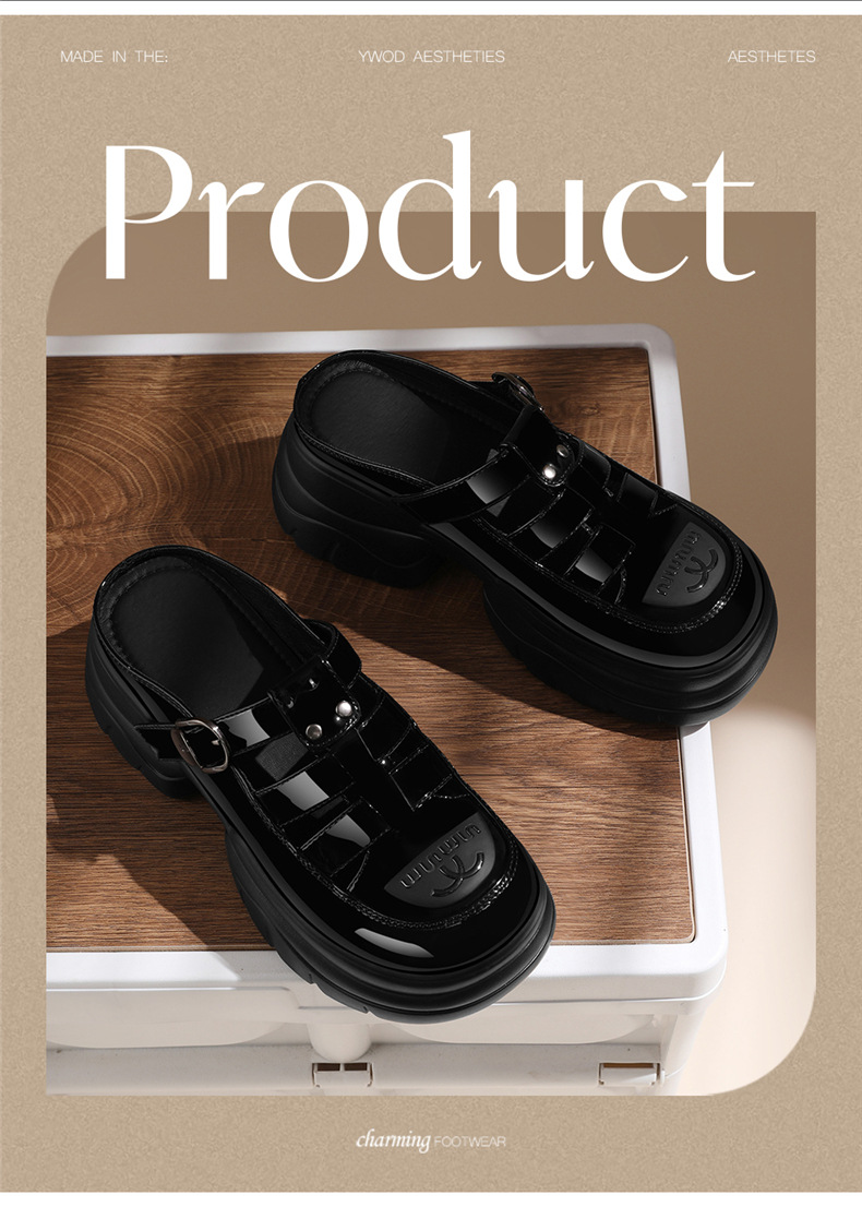 Dép sandal nữ quai chữ V đế xuồng dày 5 cm, phong cách La Mã, mũi kín, kiểu lười khoét lỗ — JST 7131 màu đen, JST 7131m màu chi tiết 3