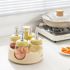 Rotating seasoning box set rabbit seasoning jar kitchen storage salt shaker sealed moisture-proof household seasoning box glass bottle