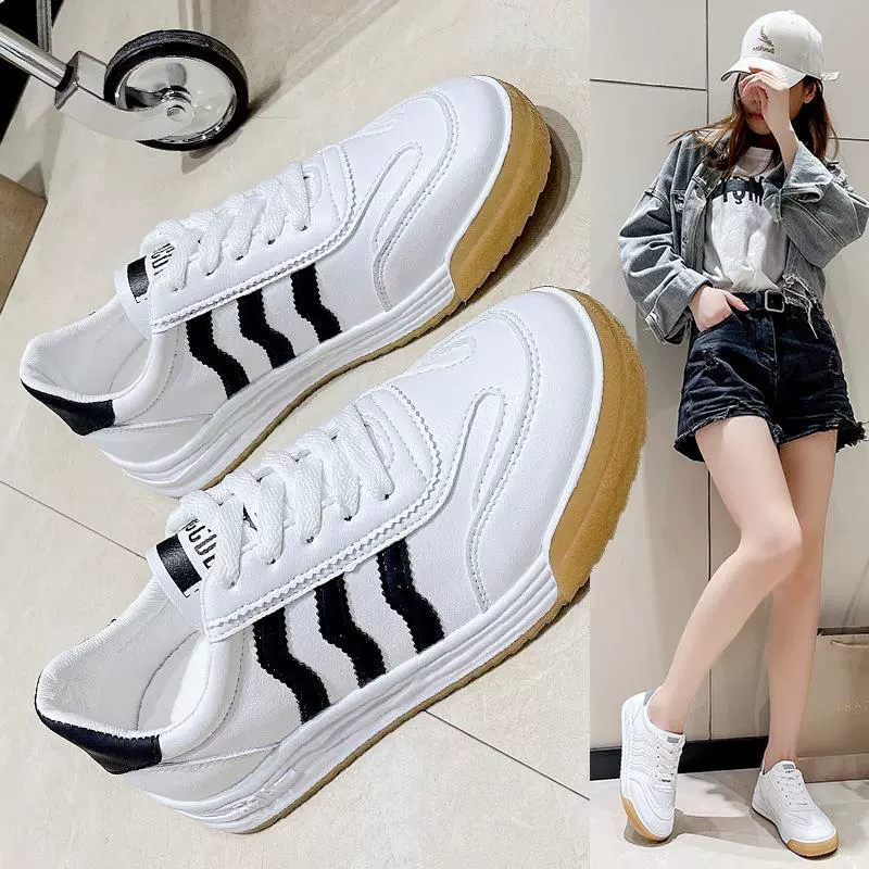 Белые туфли женские на весну и лето 2023 новые дышащие кроссовки в Корейском стиле с круглым носком, модные повседневные толстые кроссовки с мягкой подошвой